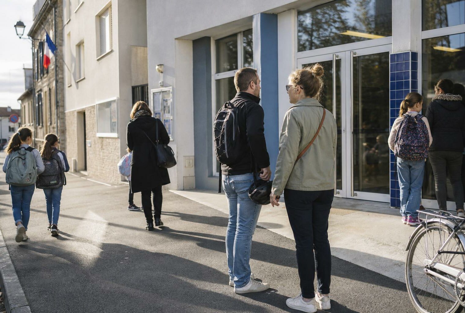 Parents anonymes à la sortie d’une école française, en matinée, devant une façade scolaire générique.
