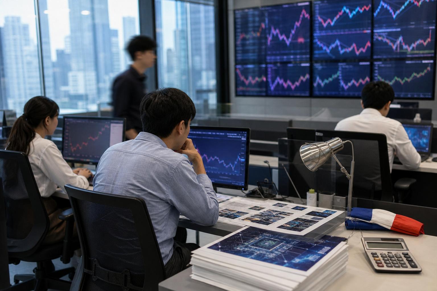 Newsroom scene on the AI dividend debate in South Korea with abstract market screens, semiconductor documents and a folded French tricolour flag