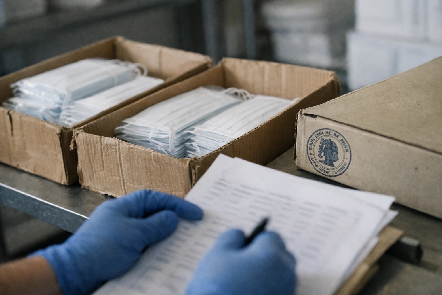 Stocks de masques chirurgicaux dans un service public de santé français avec un document administratif en arrière-plan.