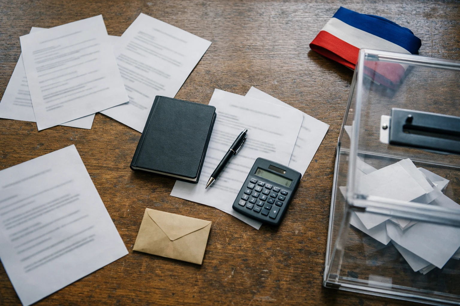 Vue de dessus d’une table de stratégie de campagne présidentielle avec documents anonymisés, calculatrice et urne transparente en contexte institutionnel français.