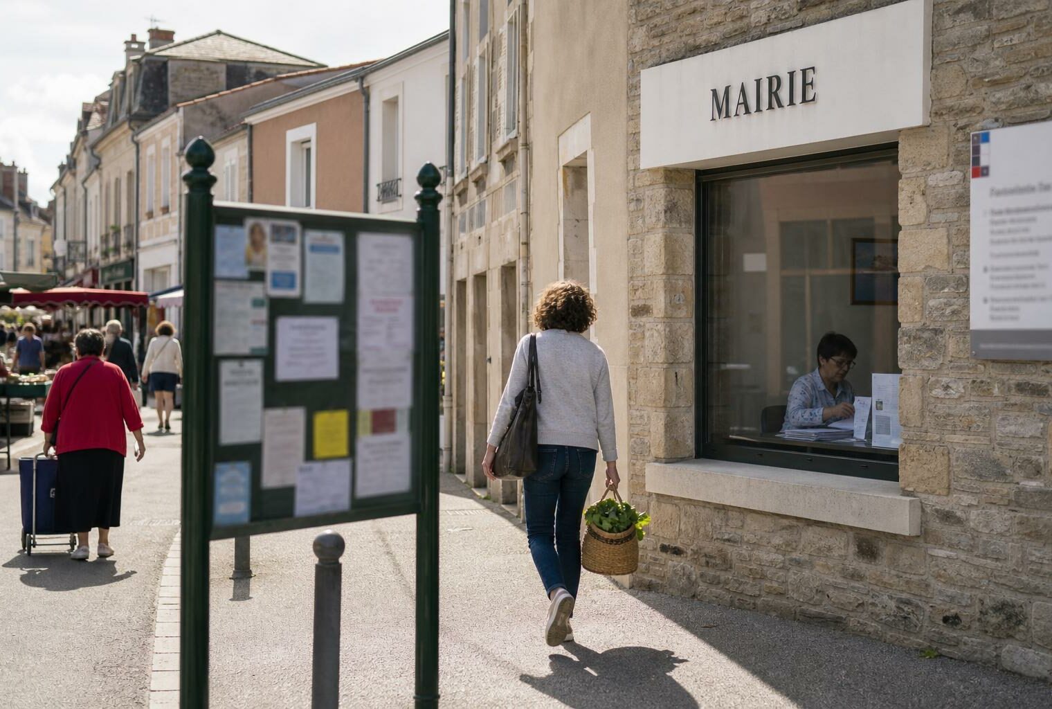 Rue de marché en Vendée avec passants et office local, dans une ambiance de vie quotidienne calme et lumineuse.