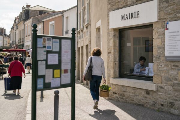 Rue de marché en Vendée avec passants et office local, dans une ambiance de vie quotidienne calme et lumineuse.