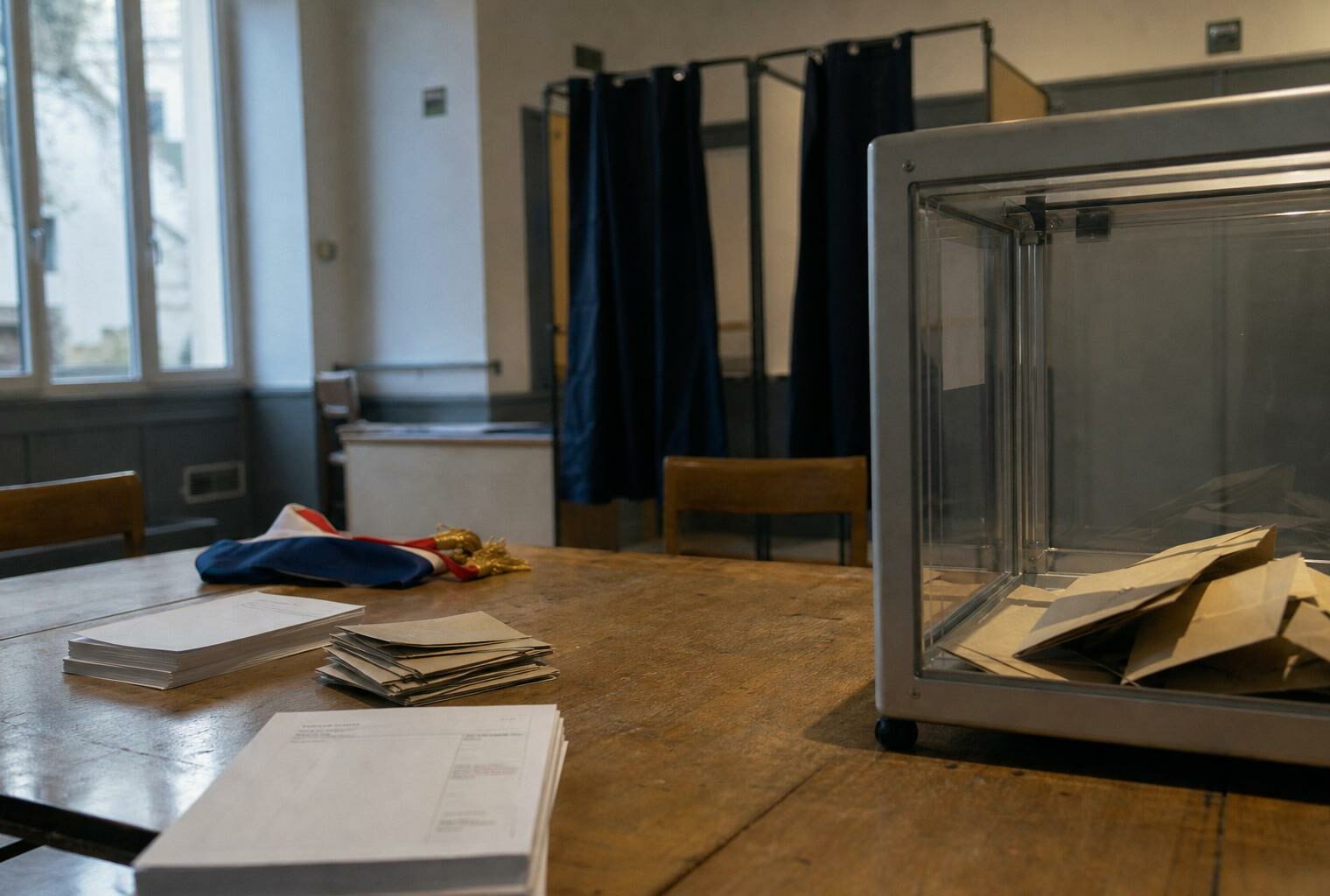Urne transparente dans un bureau de vote français, avec bulletins et isoloir flou en arrière-plan