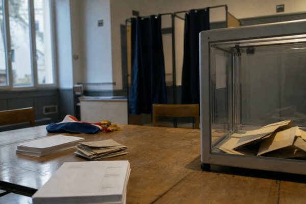 Urne transparente dans un bureau de vote français, avec bulletins et isoloir flou en arrière-plan