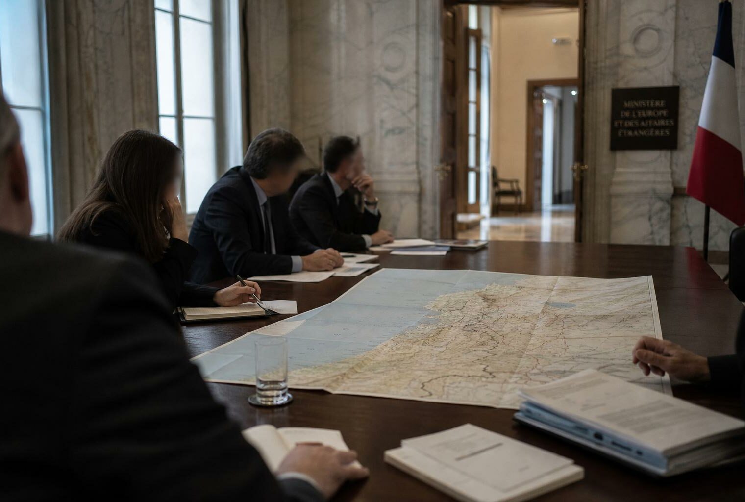 Réunion diplomatique française avec carte du Levant sur table, illustrant les tensions autour du Sud-Liban