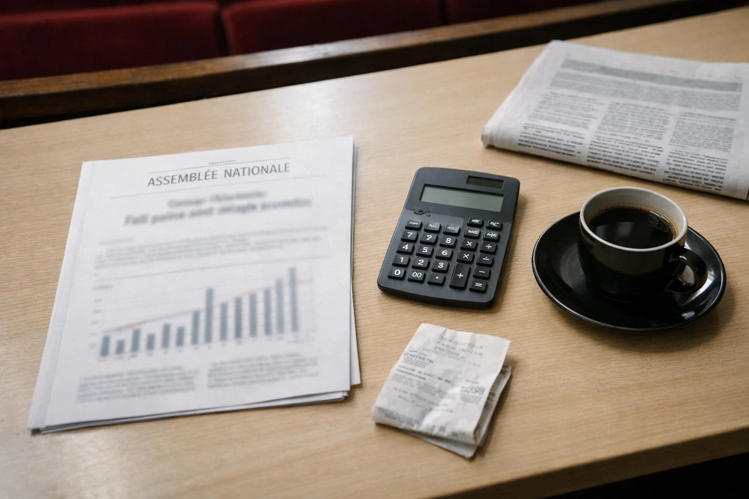 Vue de bureau parlementaire avec dossier sur le carburant, calculatrice et papier administratif flouté, illustrant le débat sur les superprofits de TotalEnergies.
