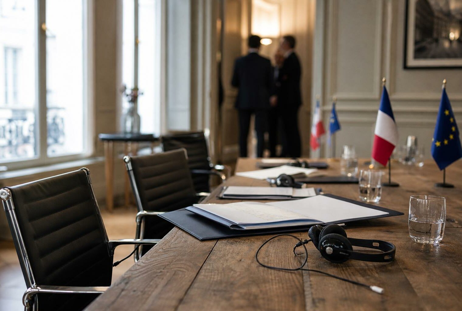 Table diplomatique européenne avec écouteurs, dossiers, verres d’eau et petits drapeaux discrets dans une salle claire.