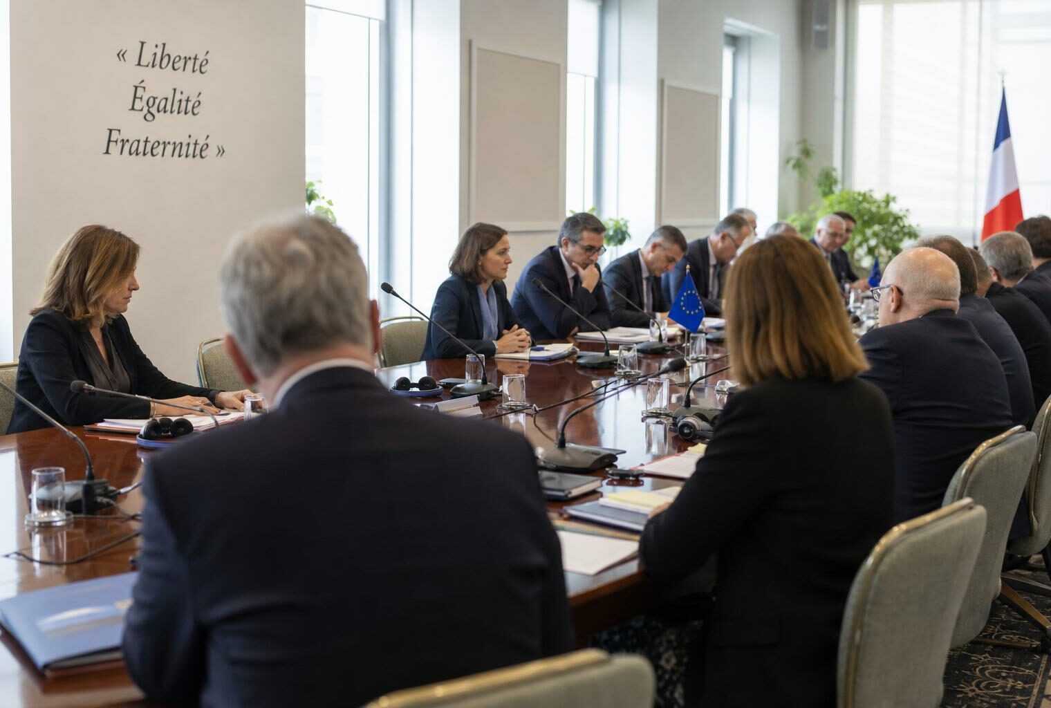 Réunion de négociation dans une salle institutionnelle française avec dossiers, micros et petits drapeaux de table