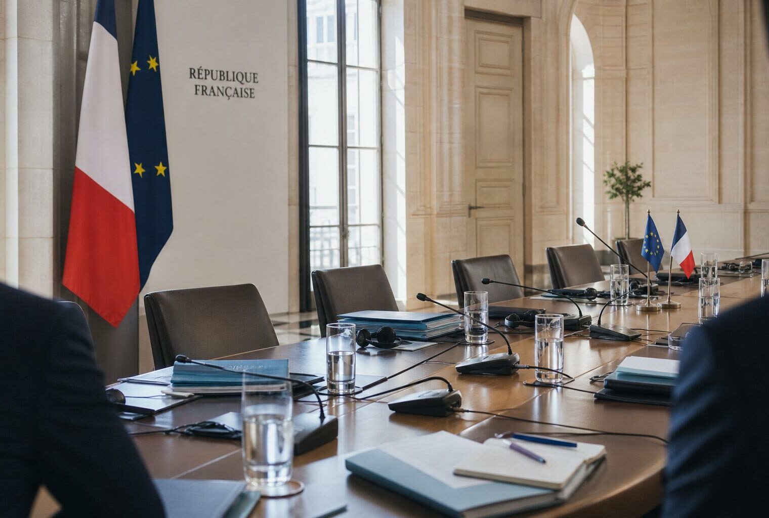 Table de négociation européenne avec dossiers, casques audio et drapeaux miniatures dans une salle institutionnelle claire.