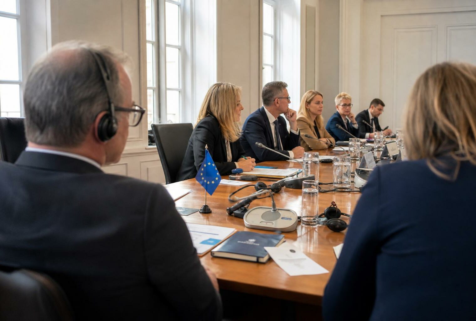 Table de négociation européenne avec dossiers, écouteurs, verres d’eau et mini-drapeaux discrets, en lumière naturelle.