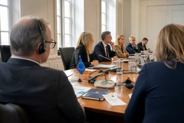 Table de négociation européenne avec dossiers, écouteurs, verres d’eau et mini-drapeaux discrets, en lumière naturelle.