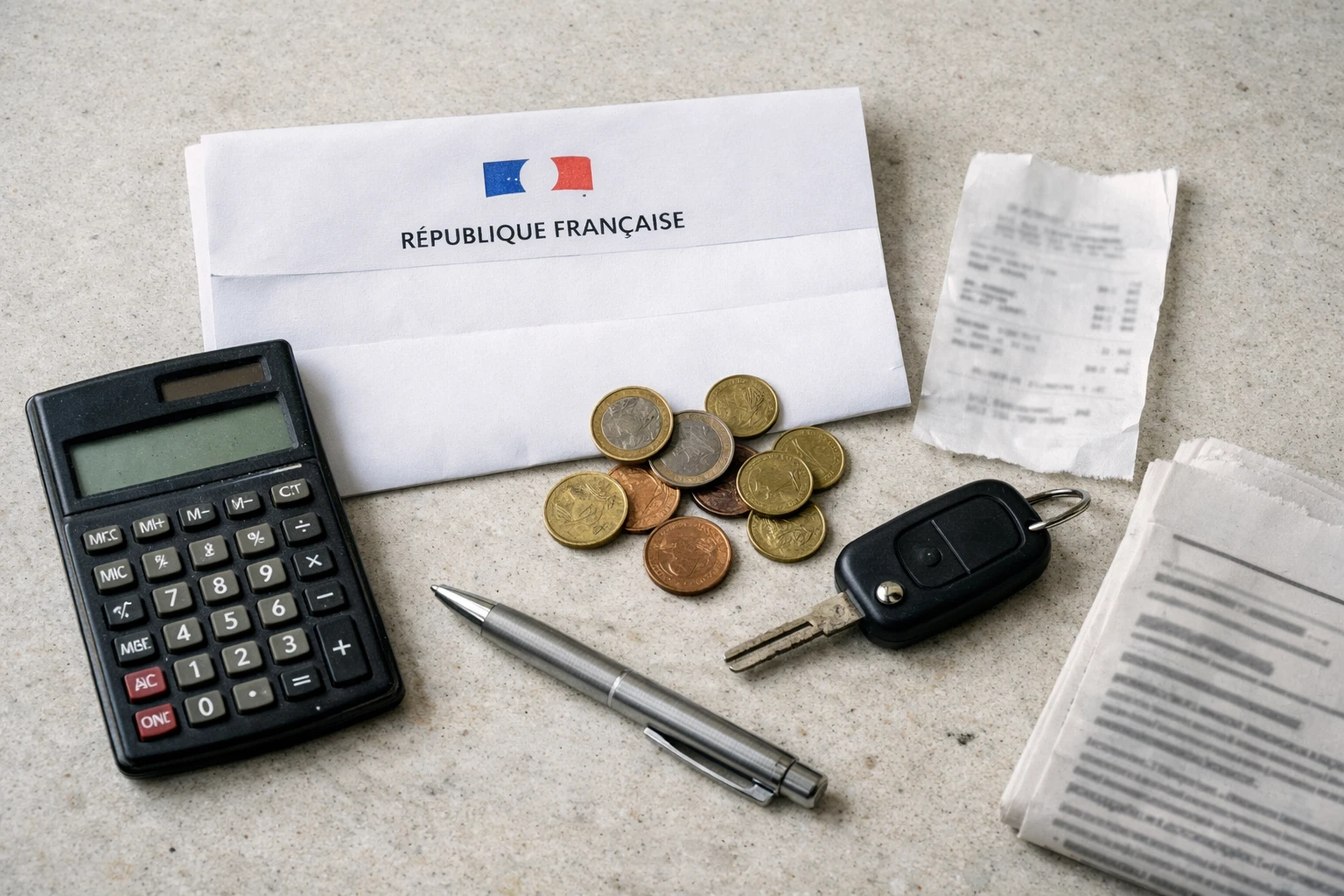 Vue de dessus d’un bureau avec facture, calculatrice, pièces et document officiel français sur le débat sur la taxe carburant.