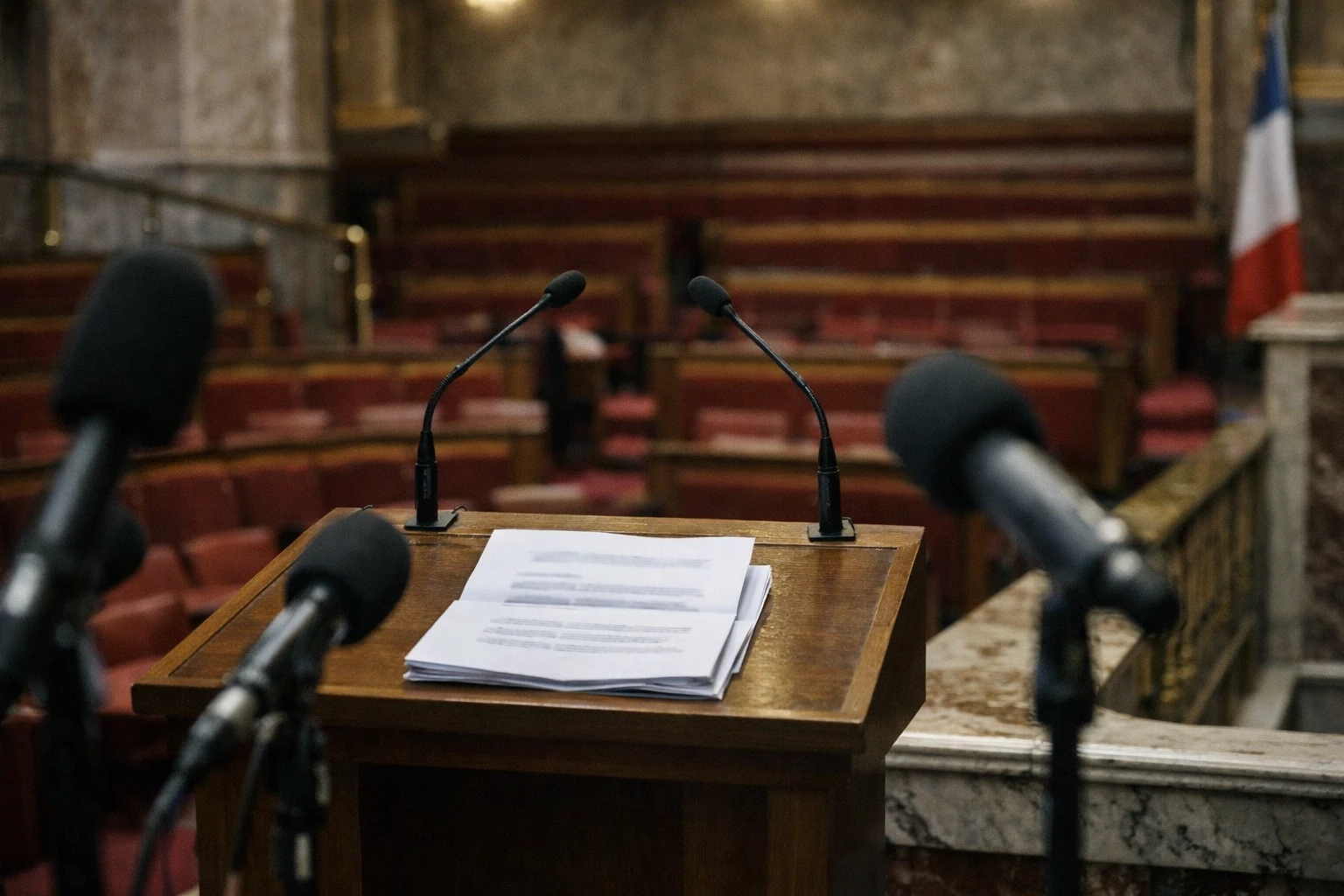 Salle de presse politique vide avec pupitre, micros et ambiance institutionnelle française