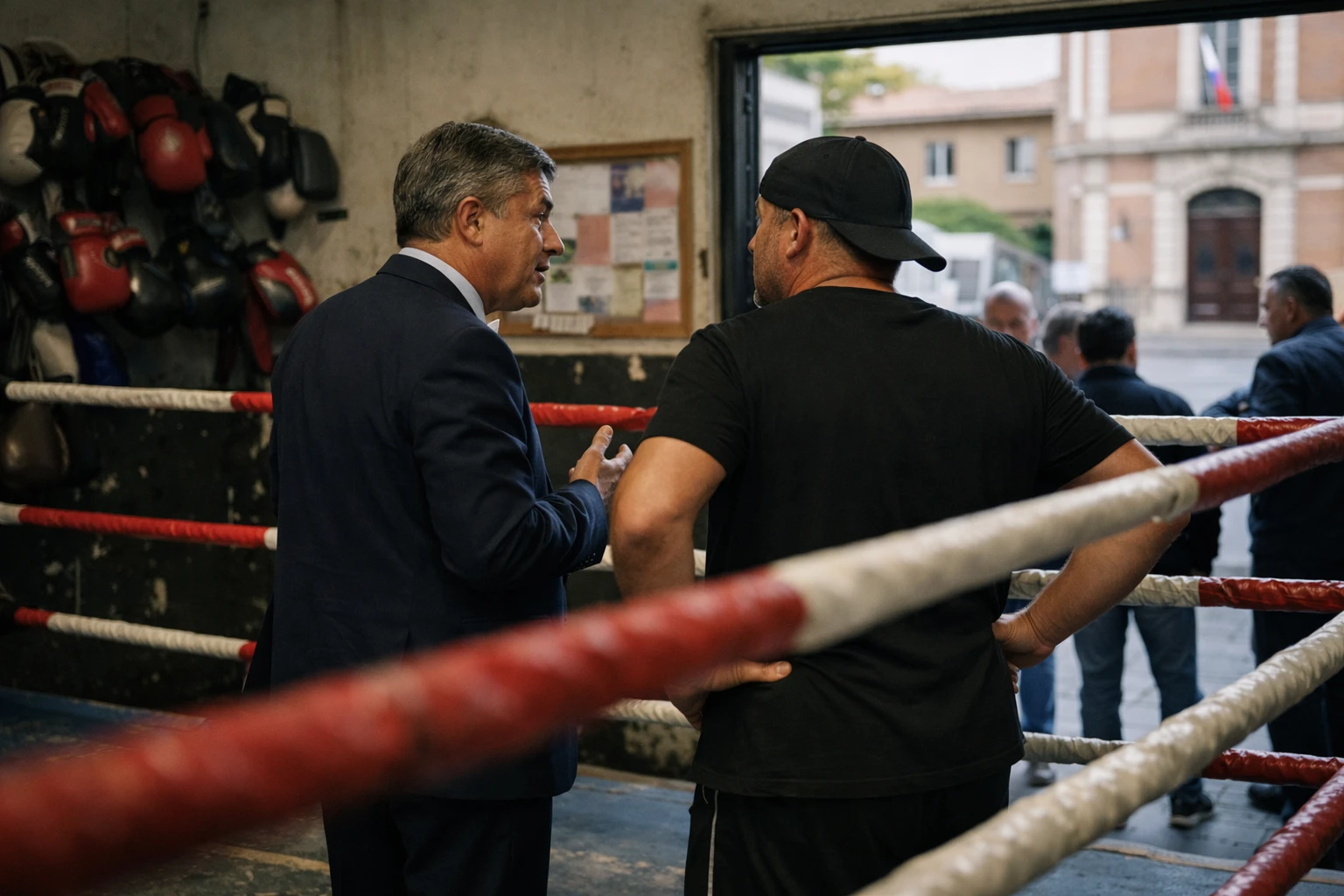 Deux hommes dans une salle de boxe à Toulouse lors d’un déplacement politique, avec un ring en arrière-plan.