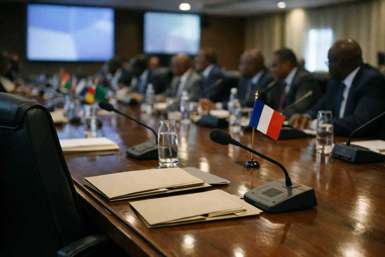 Sommet diplomatique afro-français dans une salle de conférence, avec drapeau tricolore miniature et microphones sur table