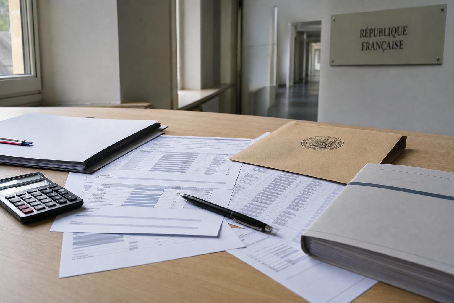 Vue de bureau éditorial sur la transparence salariale avec documents RH, calculatrice et enveloppe officielle française