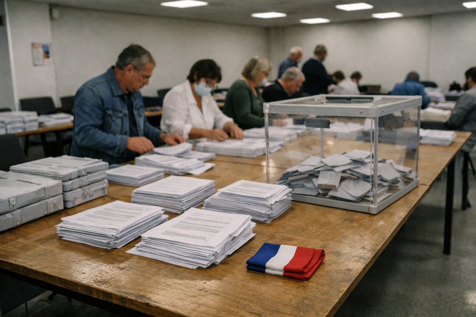 Results desk at a local election count with ballot papers, transparent ballot box and a discreet folded tricolour sash in the background.