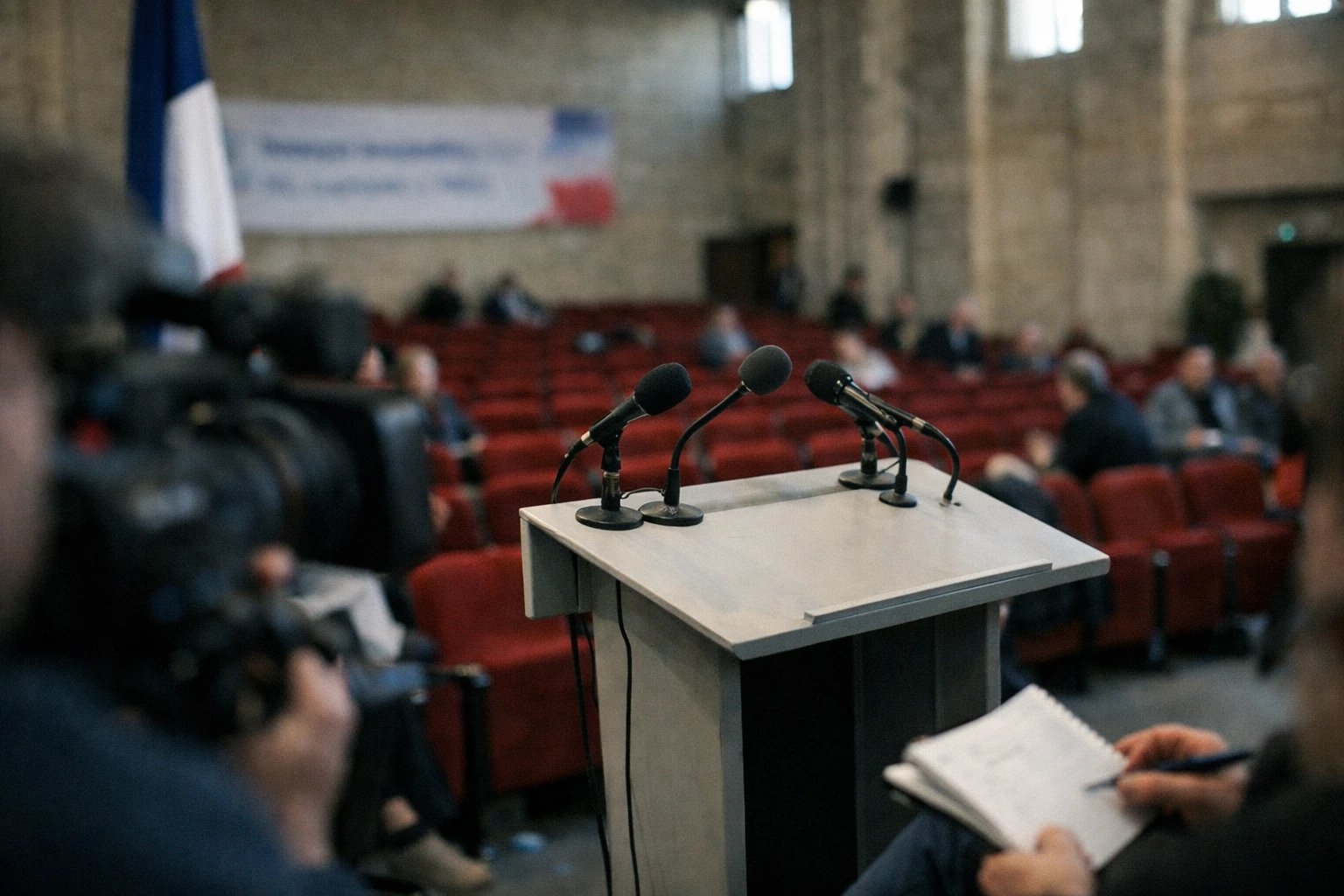 Salle de meeting politique à Reims avec pupitre, micros et drapeau tricolore discret pour illustrer la présidentielle 2027