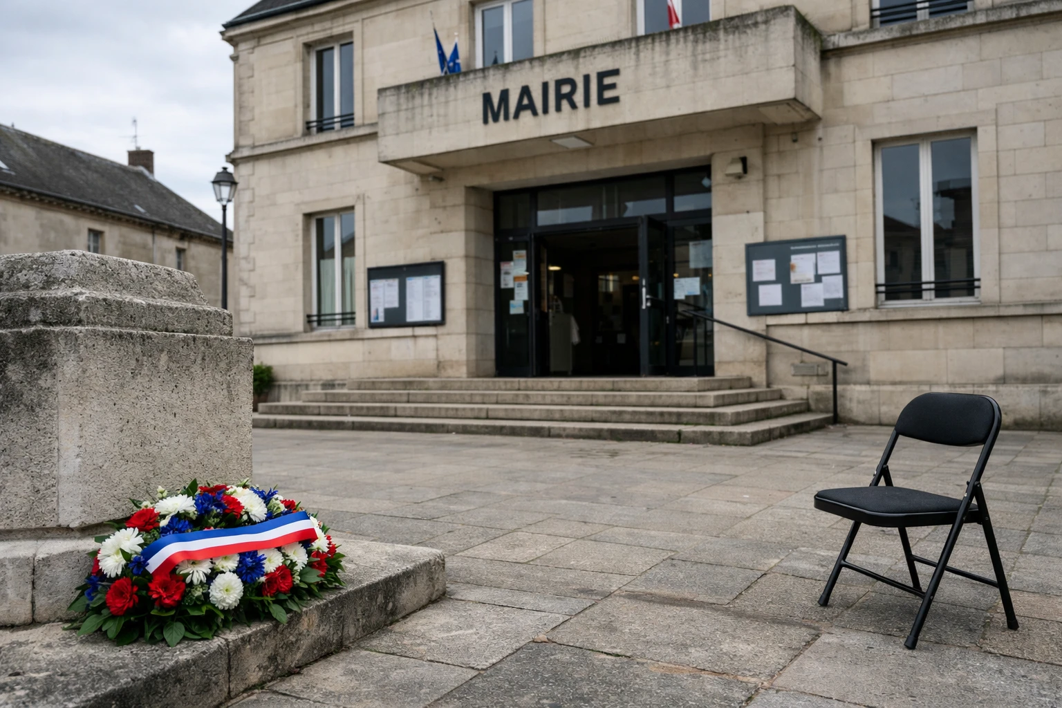 Façade de mairie à Vierzon avec une gerbe commémorative et une place vide lors d’une cérémonie annulée
