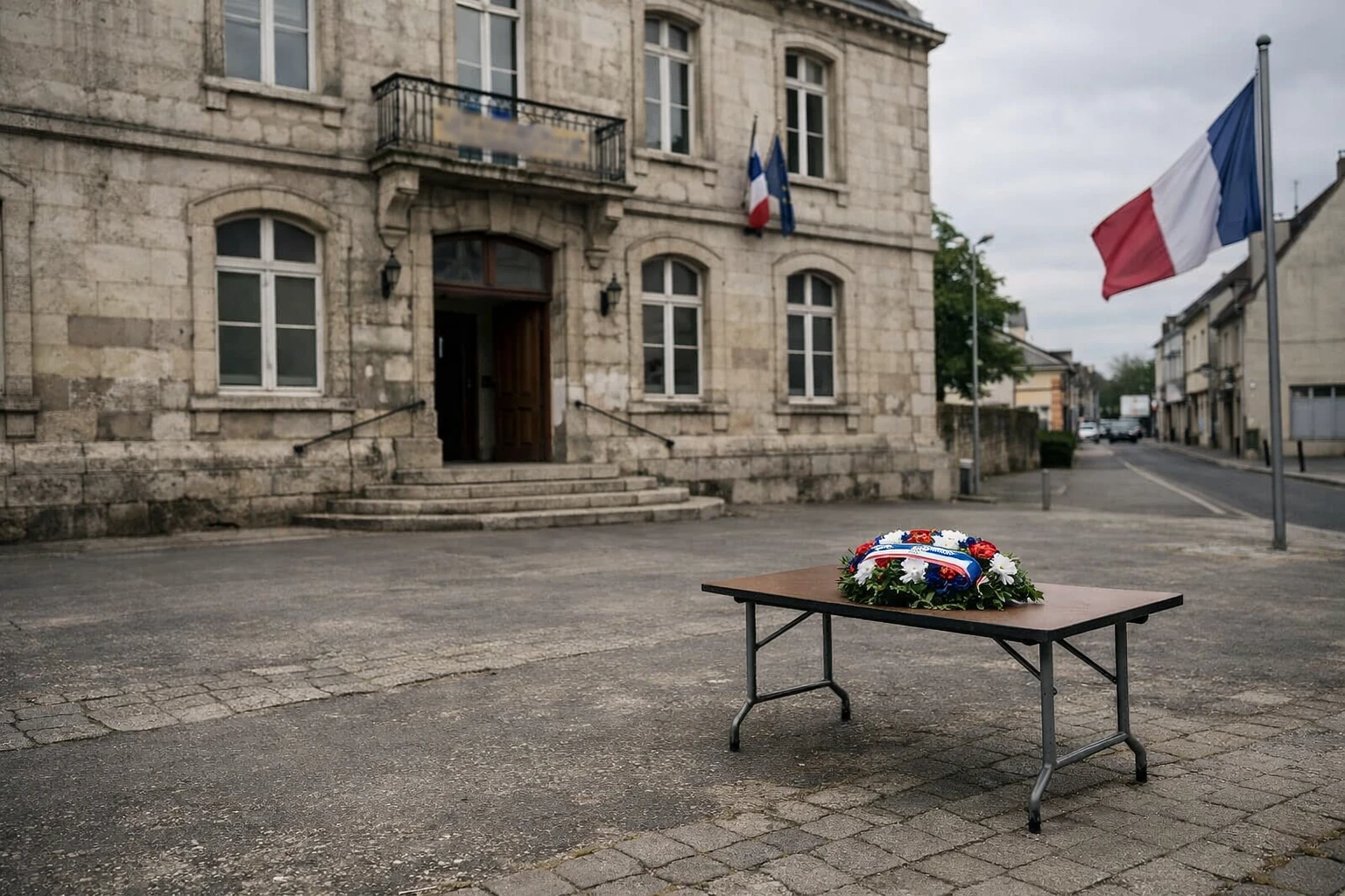 Façade de mairie à Vierzon avec square vide et table de commémoration, illustrant l’annulation de la cérémonie du 10 mai.