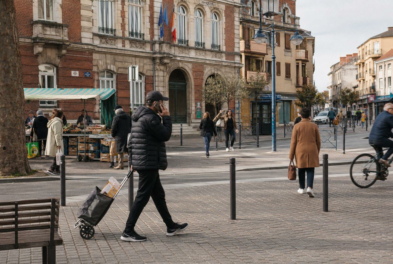 Place de Villeneuve-Saint-Georges en journée, avec passants anonymes, mairie et ambiance locale de reportage