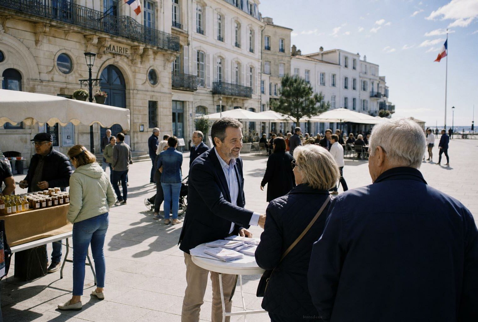 Des habitants échangent sur une place de ville française, devant la mairie et un petit marché, lors d’un déplacement politique.