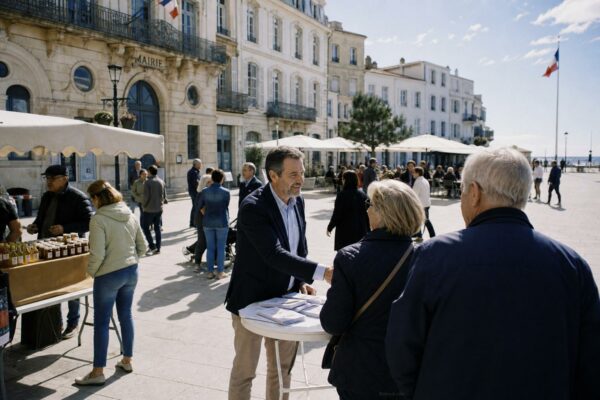 Des habitants échangent sur une place de ville française, devant la mairie et un petit marché, lors d’un déplacement politique.