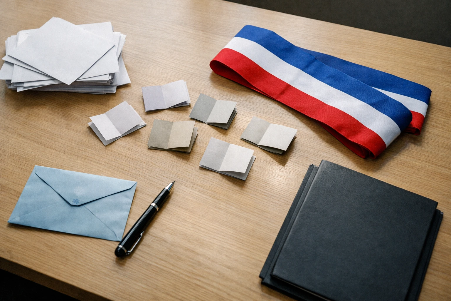 Vue en plongée d’une table de vote politique avec bulletins, enveloppe scellée et écharpe tricolore dans un bureau français.