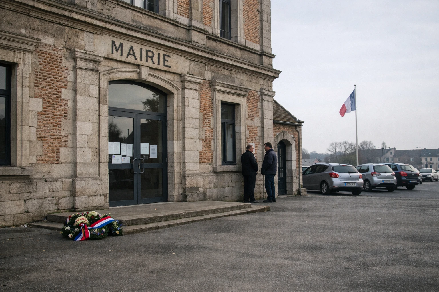 Façade d’une mairie du Nord après une cérémonie, avec drapeau tricolore discret et atmosphère calme, illustrant l’agression du maire de Waziers.