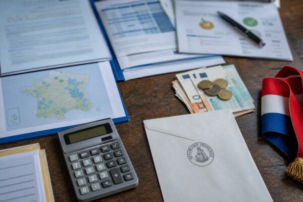 Vue de bureau avec documents officiels, calculatrice et enveloppe de la République française sur le dossier ZFE et aides européennes.