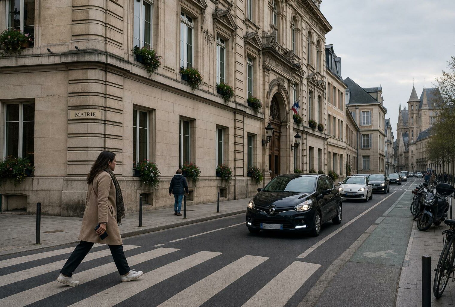 Façade de mairie française et circulation urbaine calme avec voitures ordinaires, illustration de la censure des ZFE