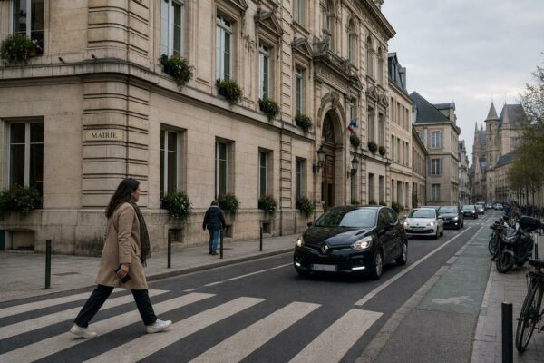 Façade de mairie française et circulation urbaine calme avec voitures ordinaires, illustration de la censure des ZFE