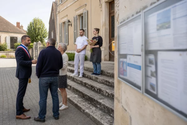 Devant une mairie de village, des habitants discutent avec un élu local à propos du travail le 1er mai.