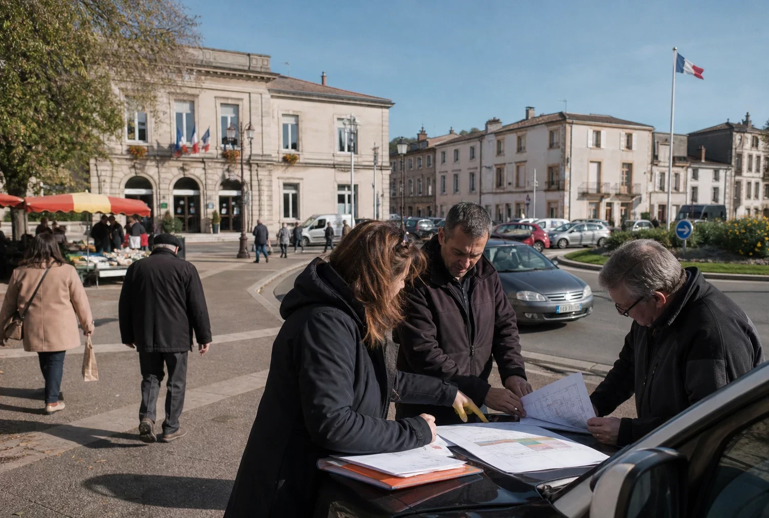 Reportage photo d’une rue de ville moyenne du Tarn avec mairie, habitants et contexte routier calme