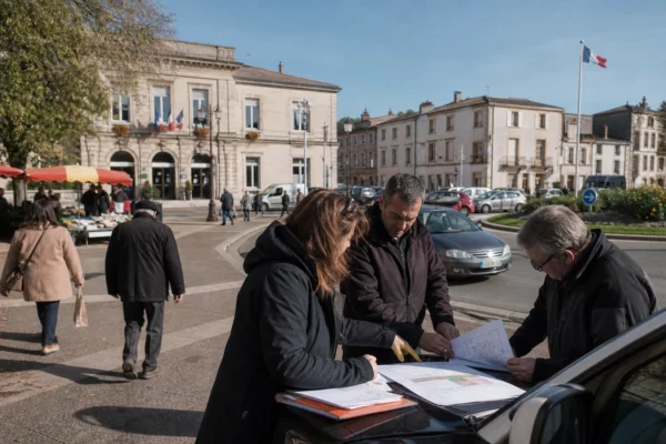 Reportage photo d’une rue de ville moyenne du Tarn avec mairie, habitants et contexte routier calme