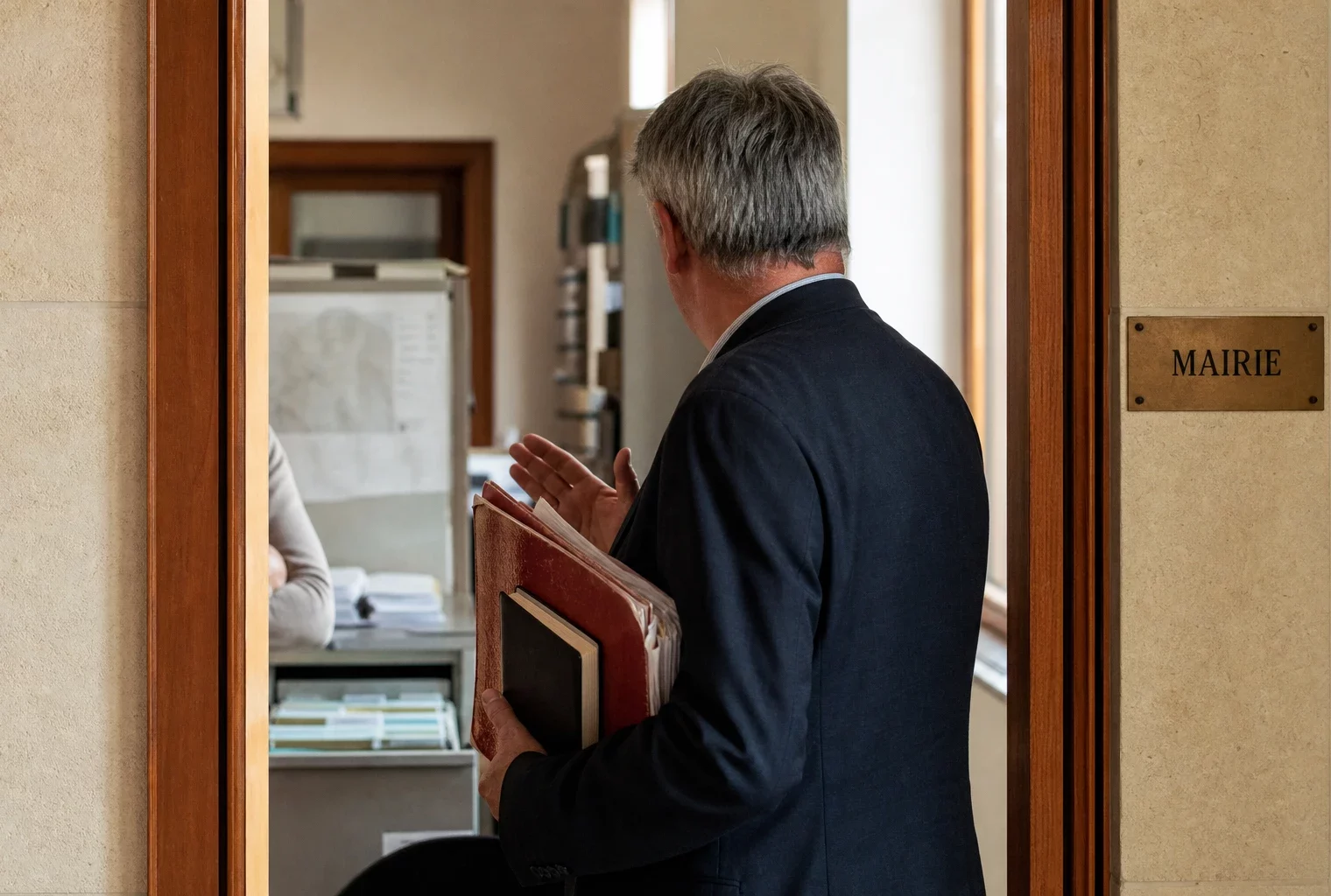 Un élu local de dos consulte un dossier dans une mairie lumineuse, sur fond de documents et de corridor municipal.