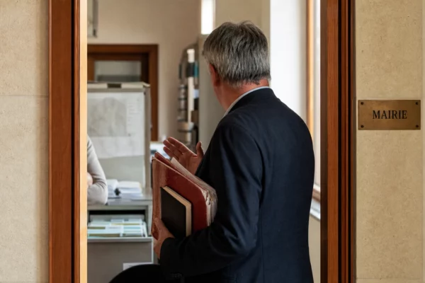 Un élu local de dos consulte un dossier dans une mairie lumineuse, sur fond de documents et de corridor municipal.