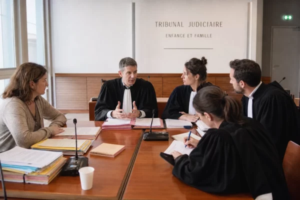 Réunion de magistrats et de greffiers dans un tribunal français pour évoquer les moyens de la justice.