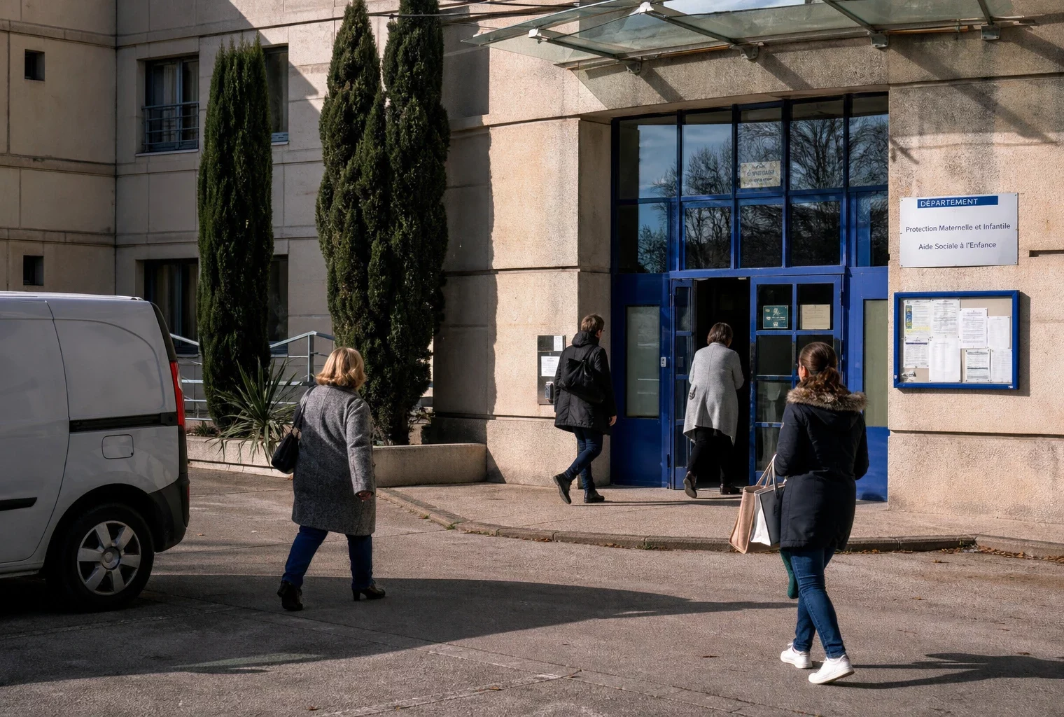 Devant un bâtiment public de protection de l’enfance, des agents anonymes entrent et sortent sous une lumière claire.