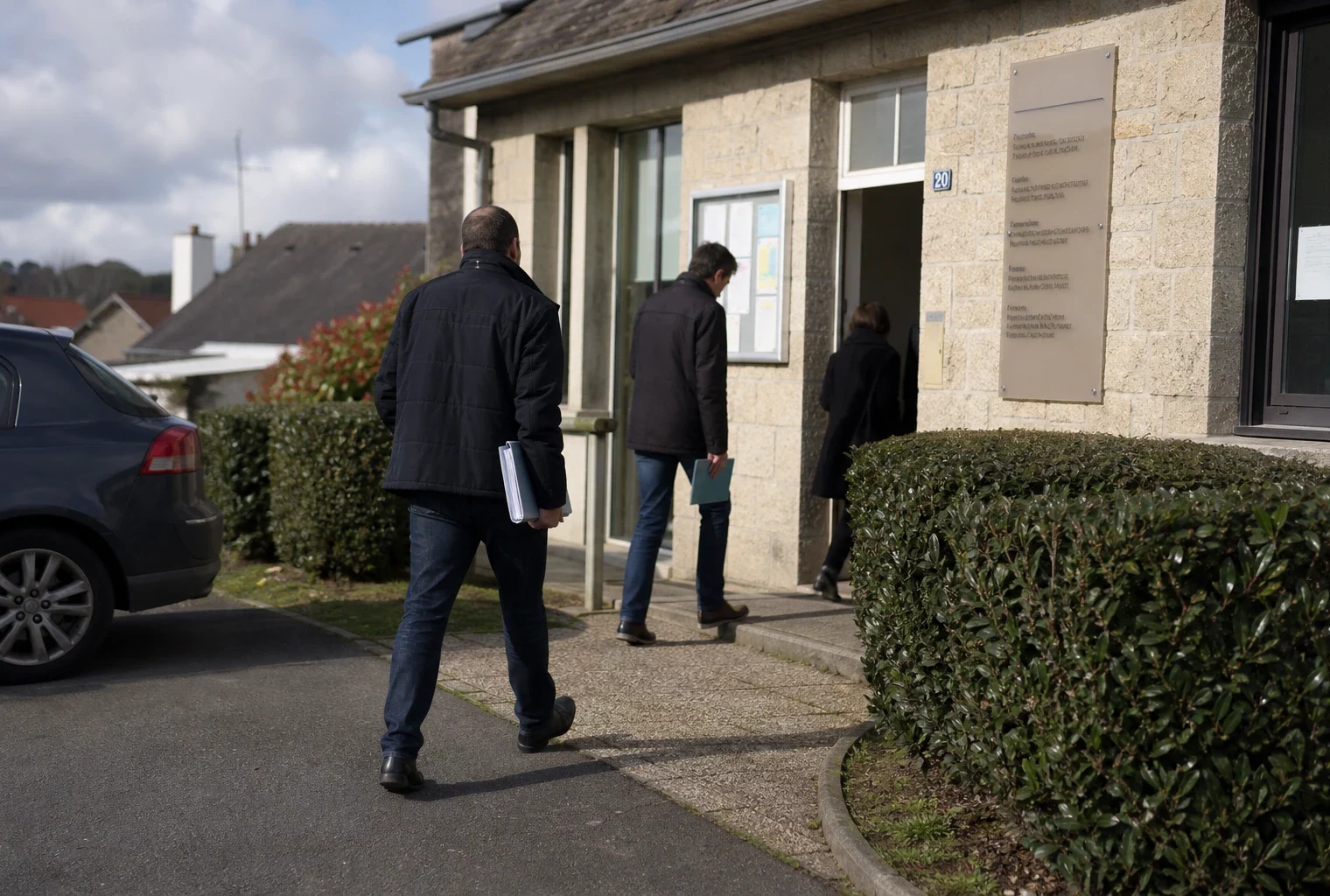 Scène calme devant un bâtiment public provincial français, avec des anonymes et une atmosphère de terrain liée à l’affaire Lyhanna