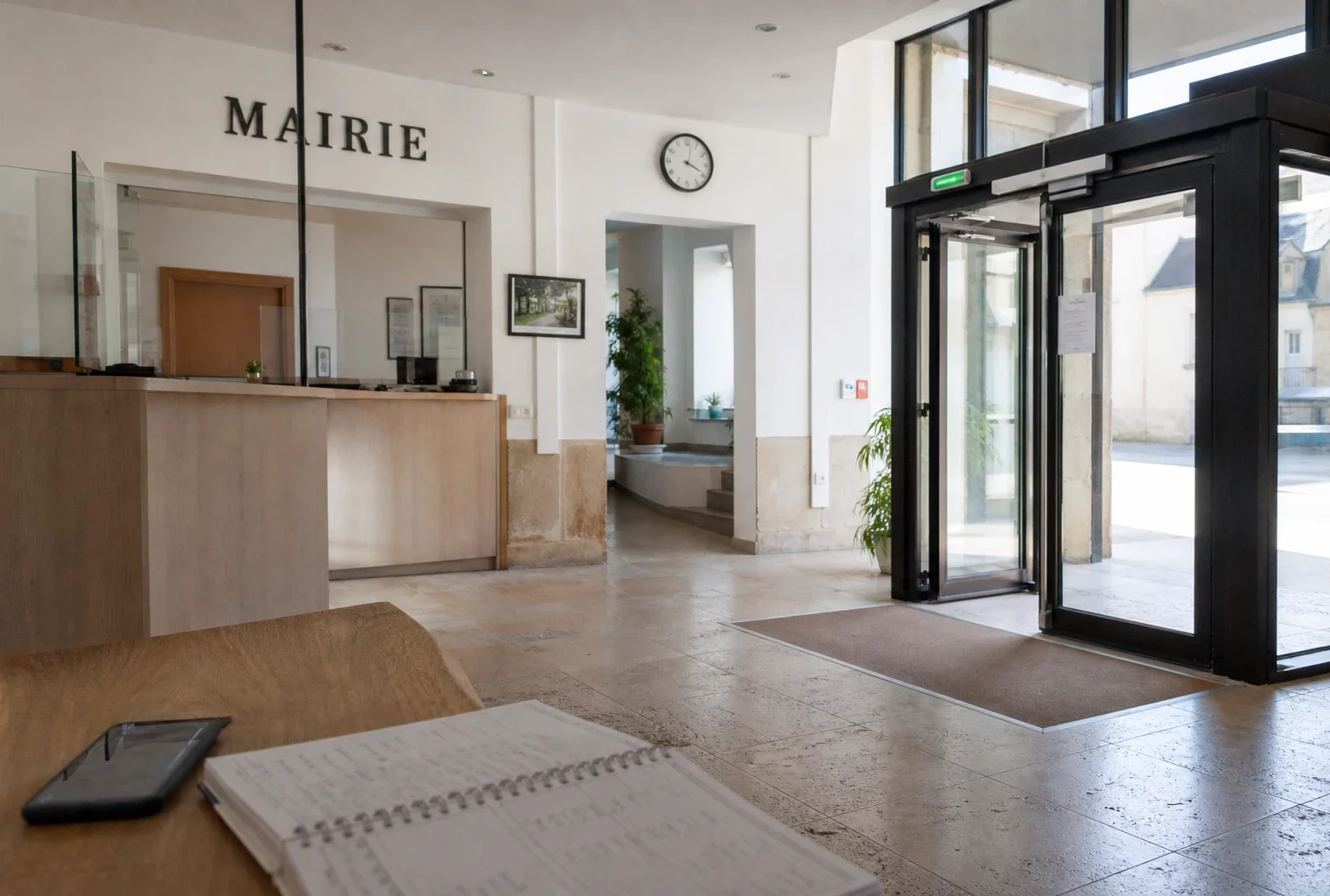 Intérieur lumineux d’une mairie française avec smartphone et agenda flous sur une table, ambiance de service public.