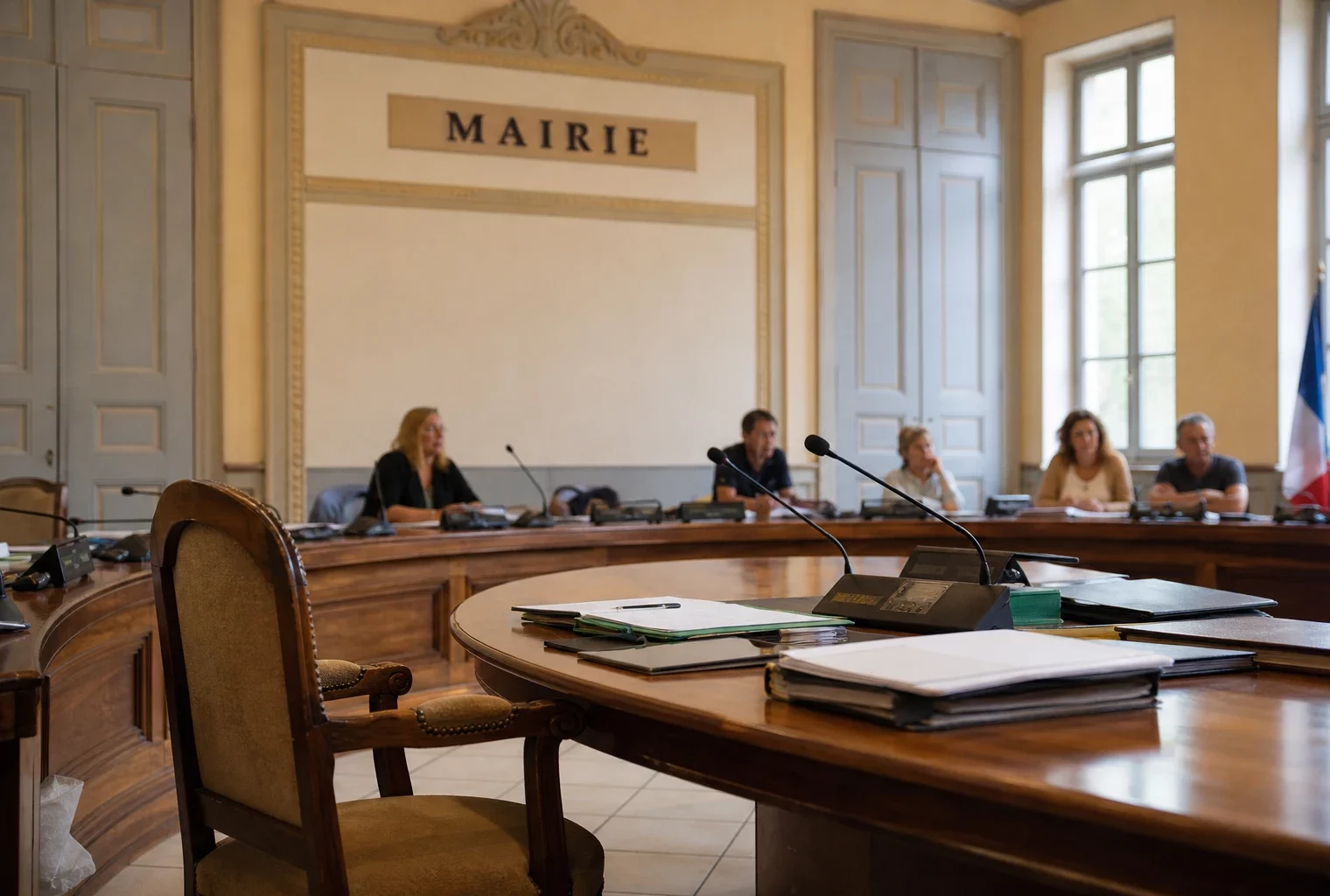 Salle municipale claire avec chaises, micros et dossiers flous, en écho au débat sur l’aide à mourir.
