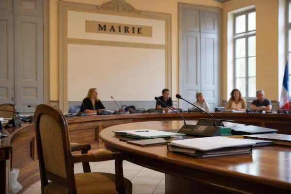 Salle municipale claire avec chaises, micros et dossiers flous, en écho au débat sur l’aide à mourir.
