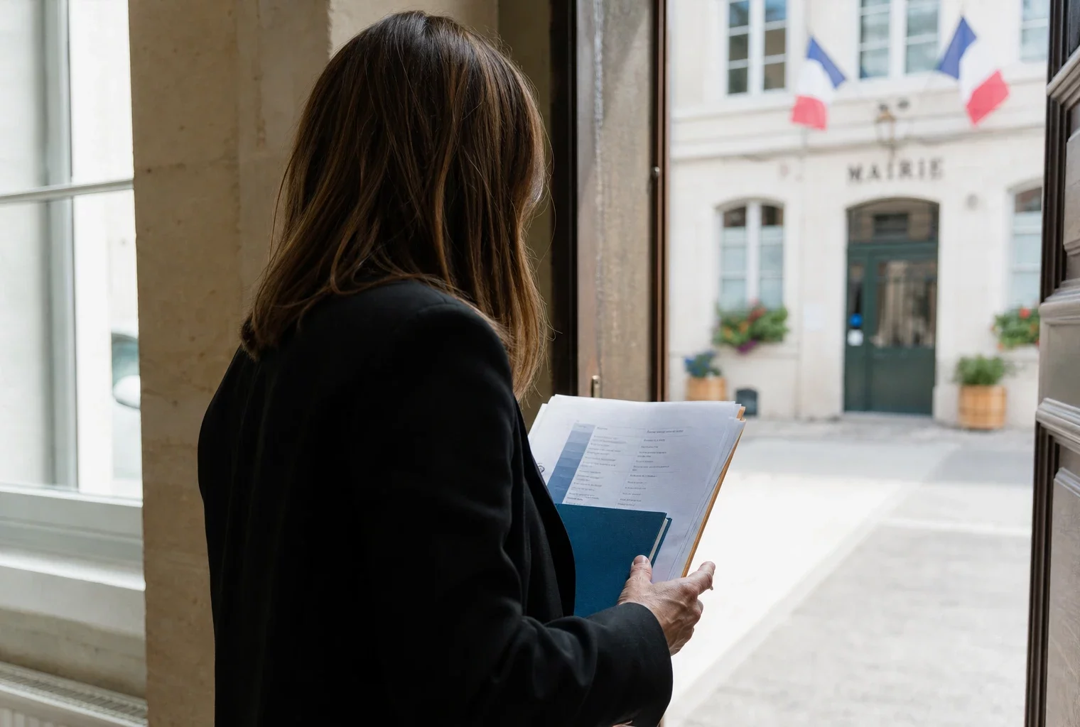 Collaborateur local de dos dans une mairie, dossier en main, dans un couloir lumineux et photographié en contexte réel.