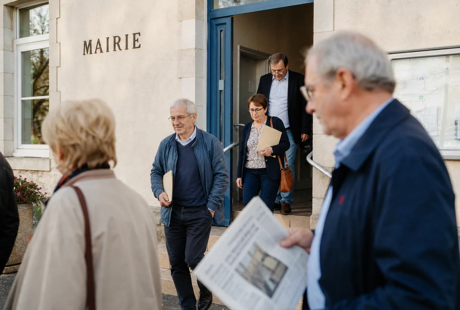 Des citoyens anonymes devant une mairie lors d’une réunion locale sur l’aide à mourir.