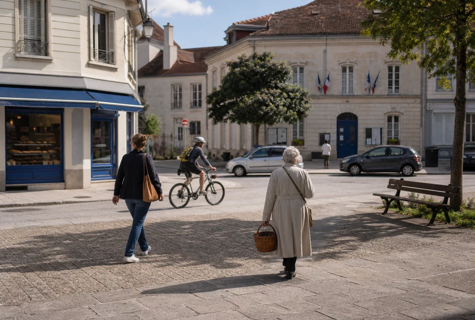 Place d’une ville moyenne française avec habitants anonymes, mairie au fond et ambiance calme de reportage.