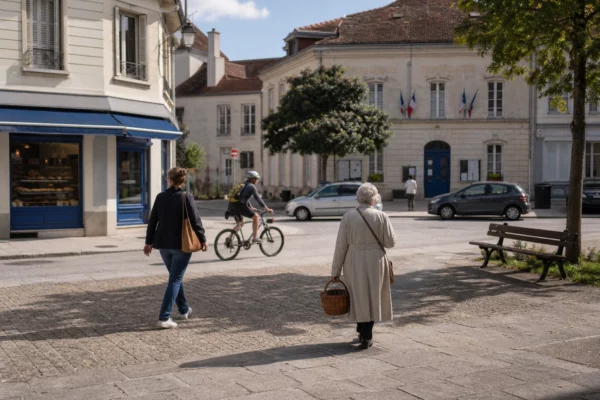 Place d’une ville moyenne française avec habitants anonymes, mairie au fond et ambiance calme de reportage.