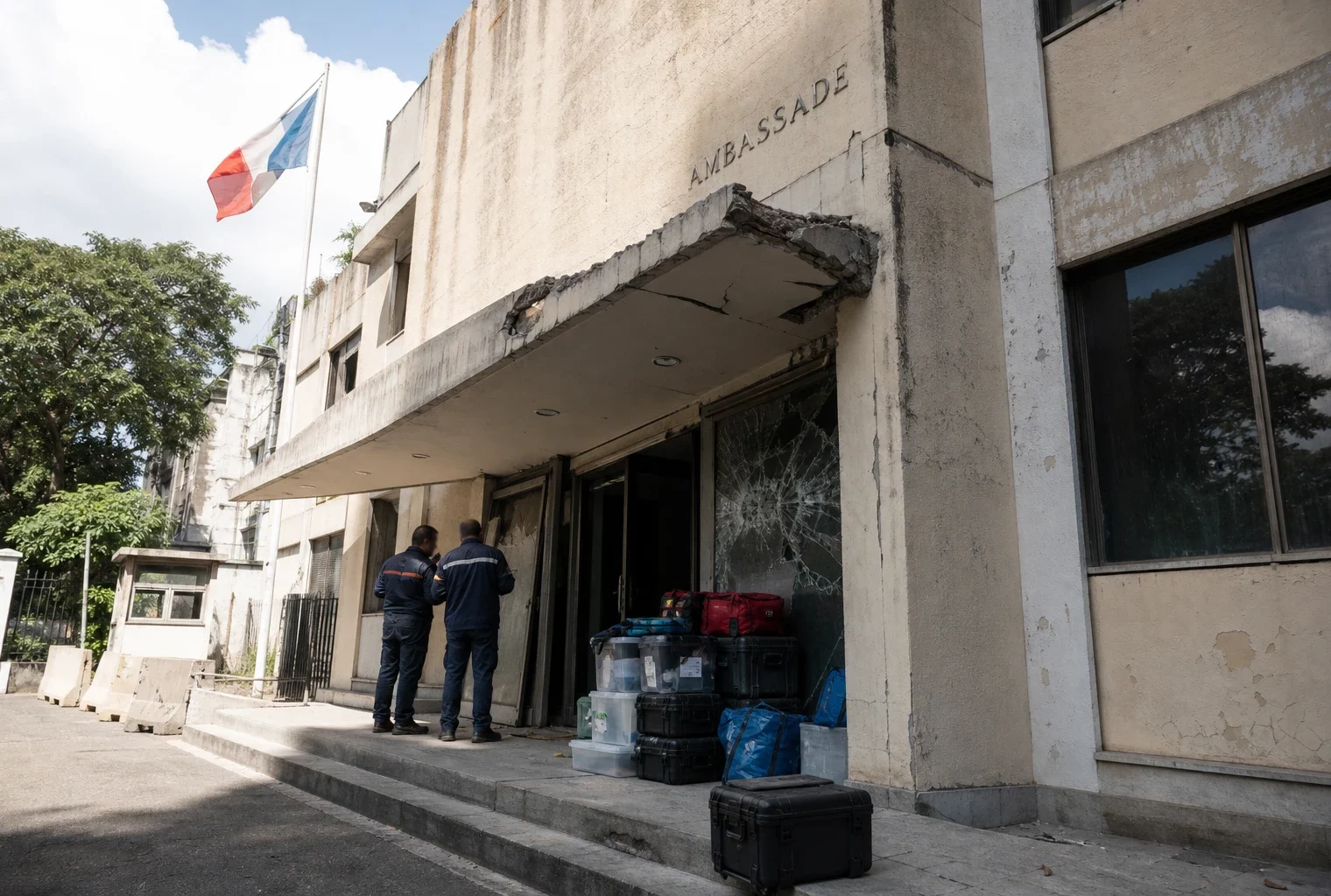 Façade endommagée de l’ambassade de France à Caracas avec secouristes et matériel d’urgence devant l’entrée.