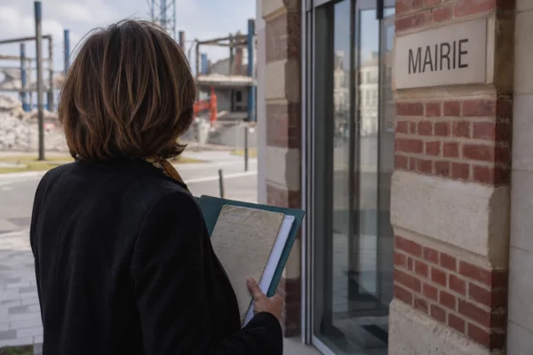 Un élu local anonyme tient un dossier devant une mairie d’Amiens, sur fond de rue industrielle floue.