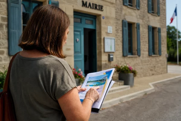 Un élu local de dos près d’une mairie, carnet en main, sur fond de rue française en été
